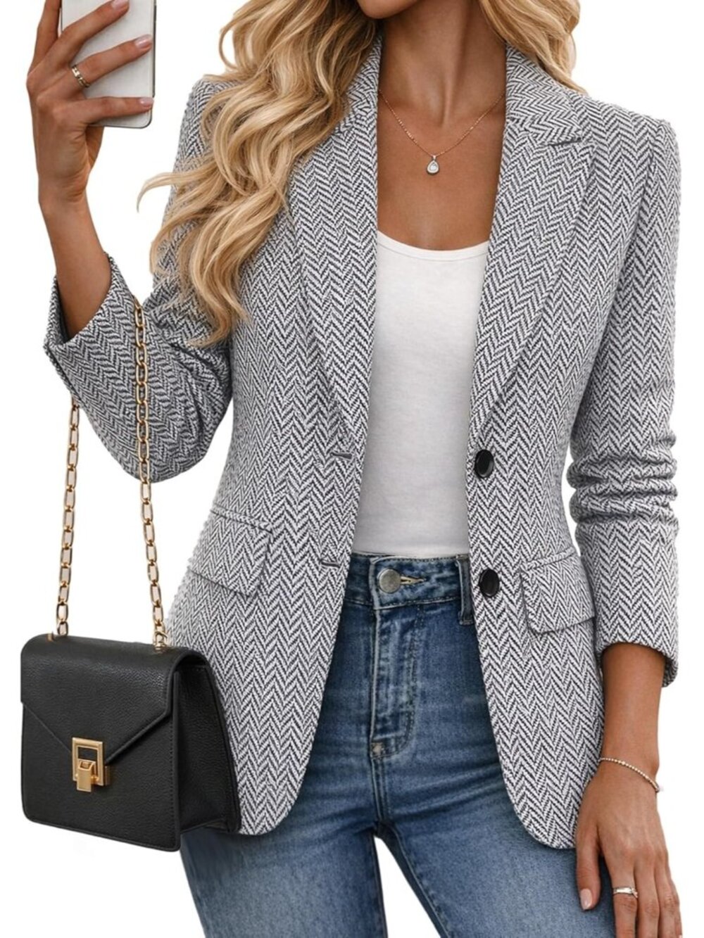 Women's Grey Spring Herringbone Tweed Blazer Warm Fully Lined Notched Lapel